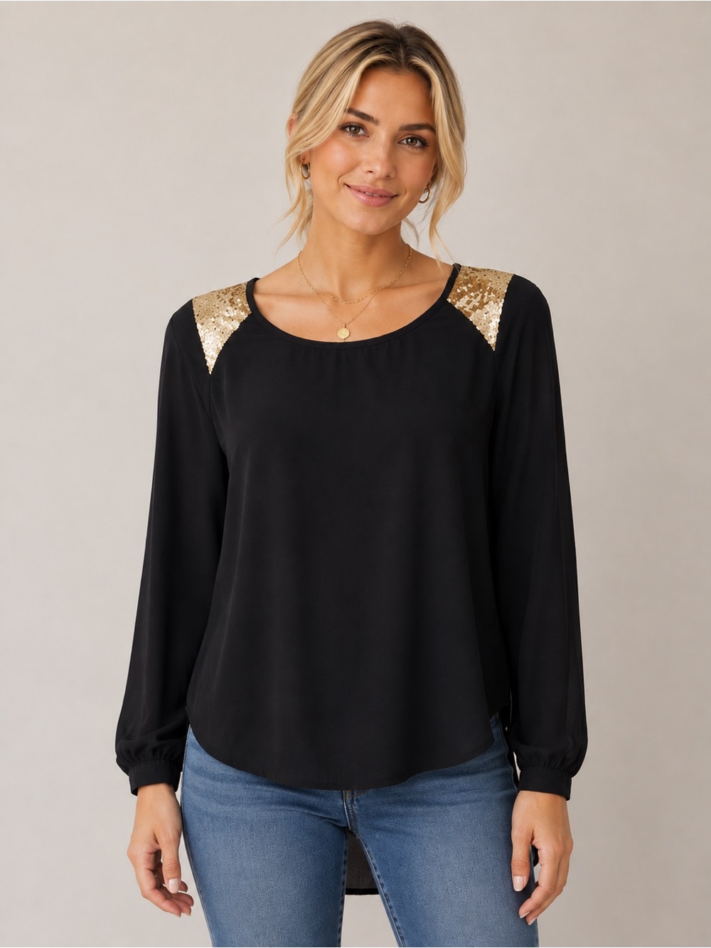 Gianni Bini Black Gold Sequin Shoulder High Low Blouse Long Sleeve Sheer Tunic